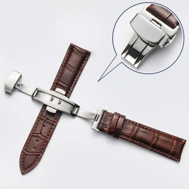 Business Casual Black Brown Genuine Calfskin Leather Watch band Strap Butterfly Buckle Crocodile Pattern Bracelet 18 20 22 24 mm