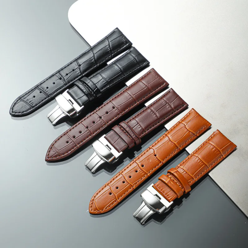 Business Casual Black Brown Genuine Calfskin Leather Watch band Strap Butterfly Buckle Crocodile Pattern Bracelet 18 20 22 24 mm