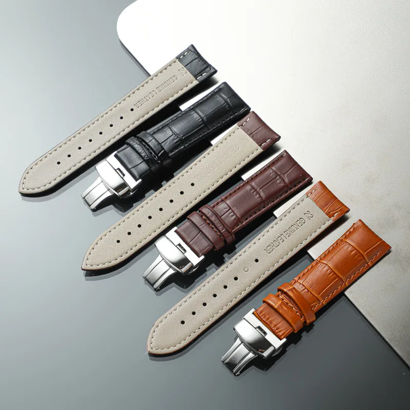 Business Casual Black Brown Genuine Calfskin Leather Watch band Strap Butterfly Buckle Crocodile Pattern Bracelet 18 20 22 24 mm