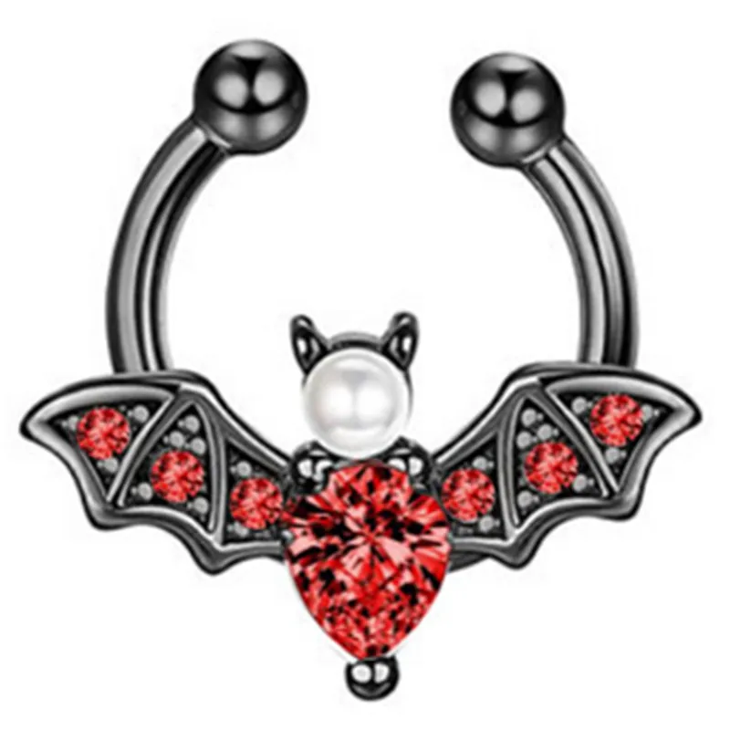 1PCS Crystal Fake Nose Ring Septum Jewelry Non Piercing Bat Fake Nose Ring Septum Cuff Earring Rook Faux Nose Piercing Clip On