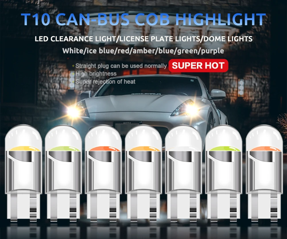 10PCS W5W Led T10 WY5W LED Bulbs Car Light COB Car Wedge Parking Lights Auto License Plate Lamps Dome Read Lights