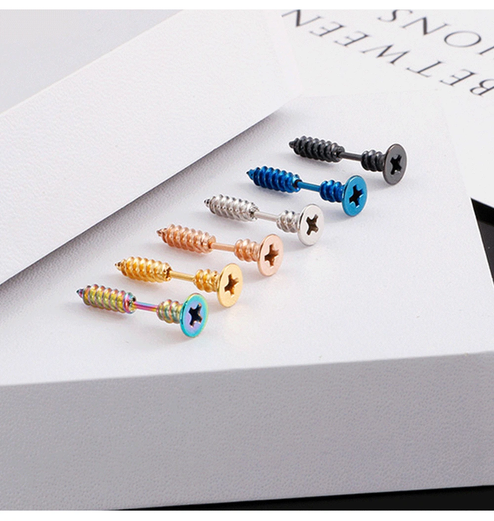 2pc Unisex Women Men Earrings Stainless Steel Piercing Nail Screw Stud Earrings Punk Rock Helix Ear Piercings Spiral Jewelry