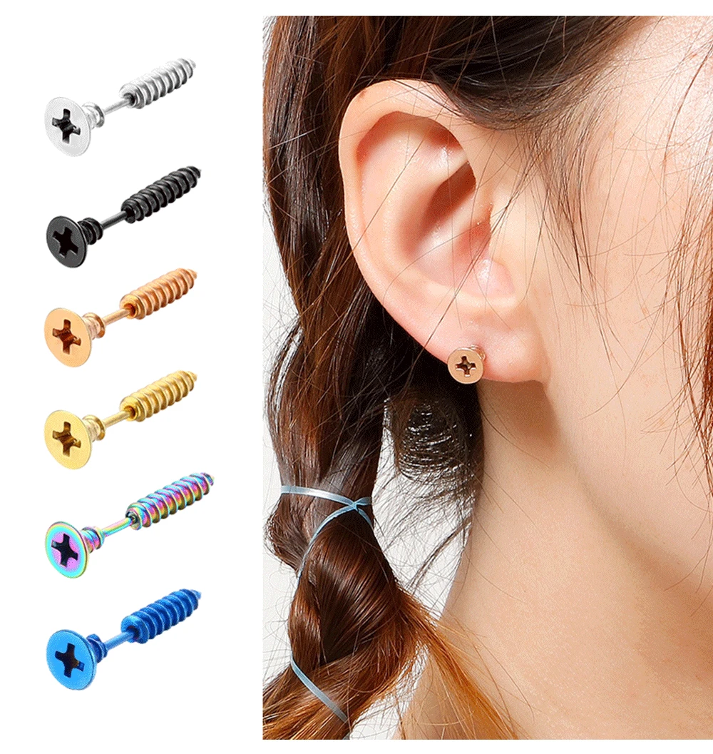 2pc Unisex Women Men Earrings Stainless Steel Piercing Nail Screw Stud Earrings Punk Rock Helix Ear Piercings Spiral Jewelry