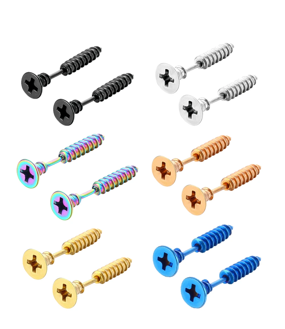 2pc Unisex Women Men Earrings Stainless Steel Piercing Nail Screw Stud Earrings Punk Rock Helix Ear Piercings Spiral Jewelry
