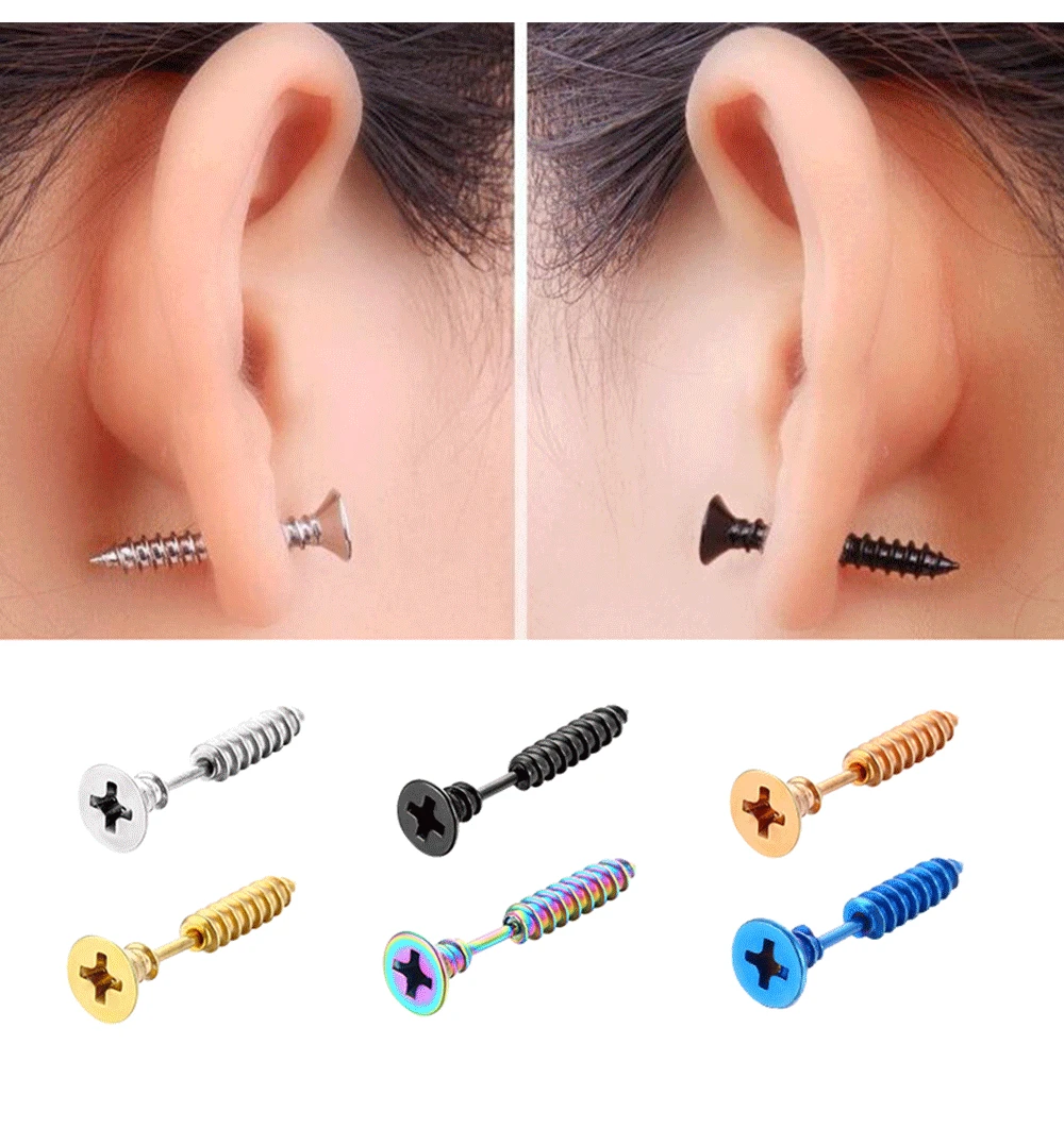 2pc Unisex Women Men Earrings Stainless Steel Piercing Nail Screw Stud Earrings Punk Rock Helix Ear Piercings Spiral Jewelry