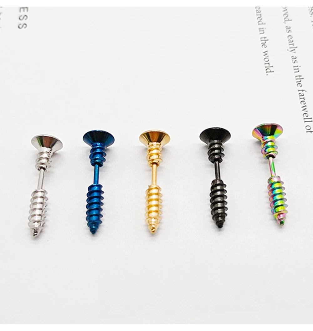 2pc Unisex Women Men Earrings Stainless Steel Piercing Nail Screw Stud Earrings Punk Rock Helix Ear Piercings Spiral Jewelry