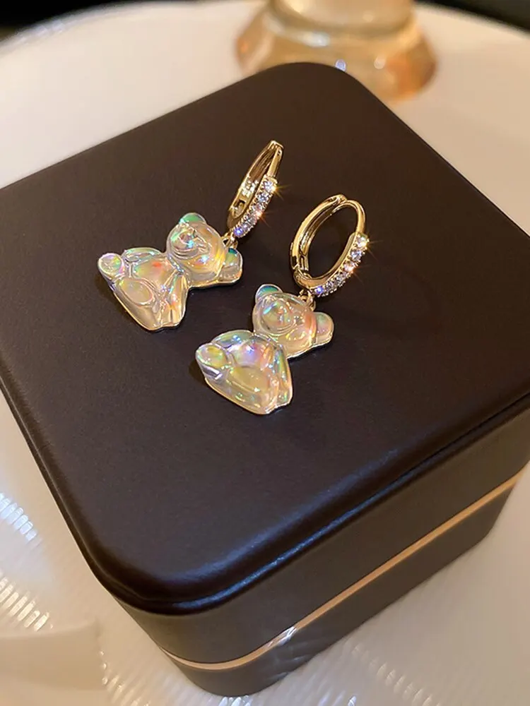 Cute Bear Earrings For Women Shiny Zircon Earrings New Trendy Golden Copper Drop Earring Party Wedding Jewelry Gifts A-