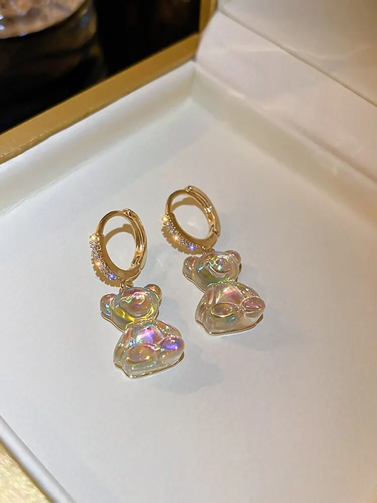 Cute Bear Earrings For Women Shiny Zircon Earrings New Trendy Golden Copper Drop Earring Party Wedding Jewelry Gifts A-