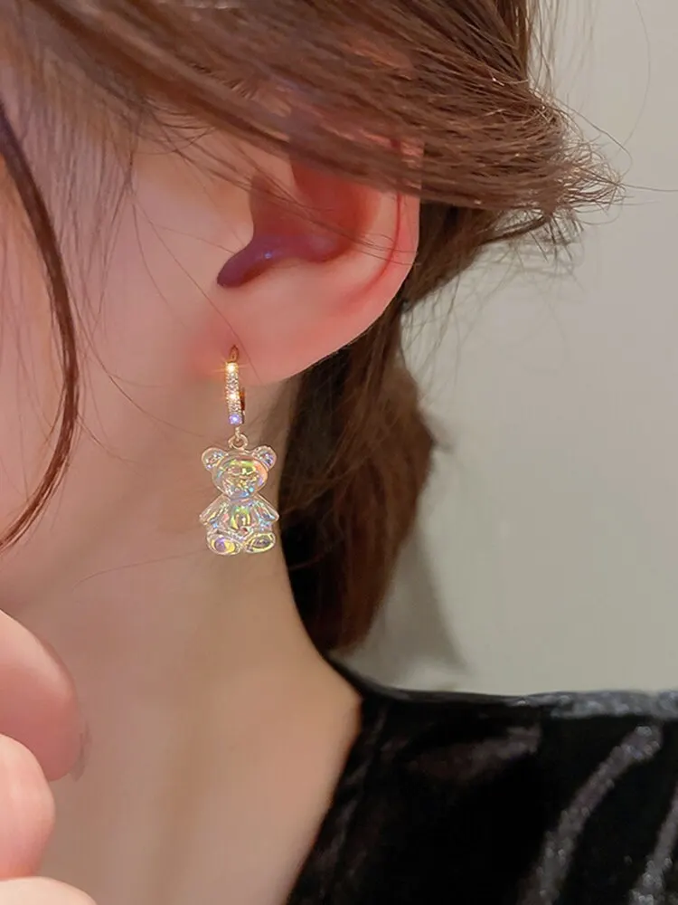 Cute Bear Earrings For Women Shiny Zircon Earrings New Trendy Golden Copper Drop Earring Party Wedding Jewelry Gifts A-