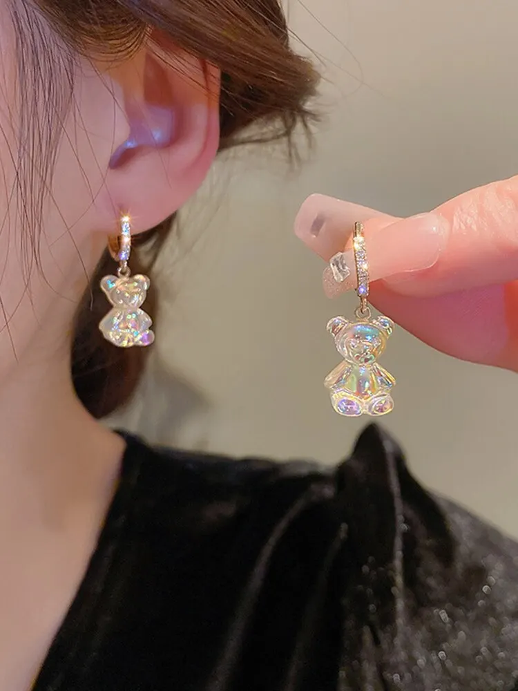 Cute Bear Earrings For Women Shiny Zircon Earrings New Trendy Golden Copper Drop Earring Party Wedding Jewelry Gifts A-