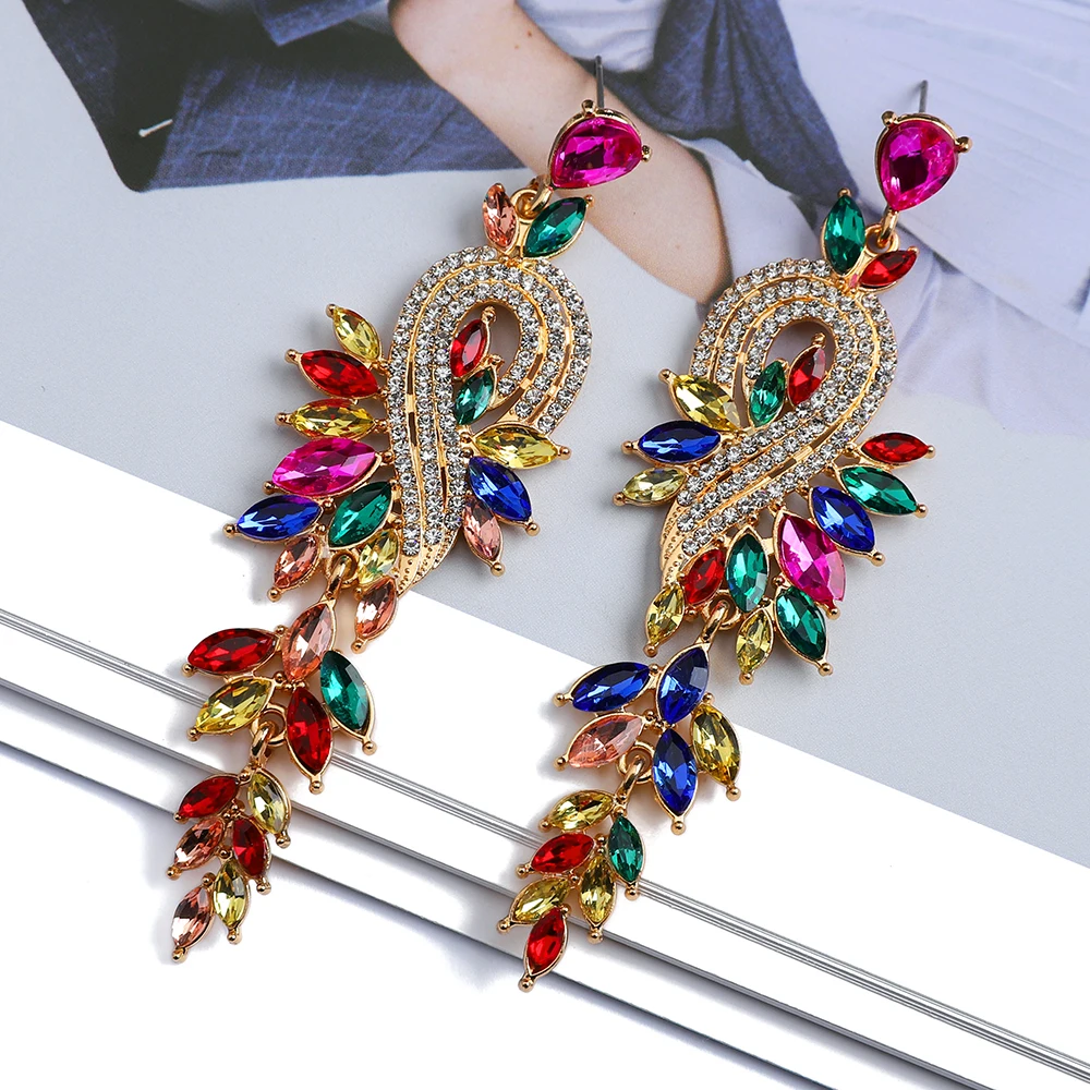 Design Dangle Earrings For Women Girl Luxury Elegant Metal Hollow Chain Leaves Crystal Brincos Pendant Jewelry Ear Accessories