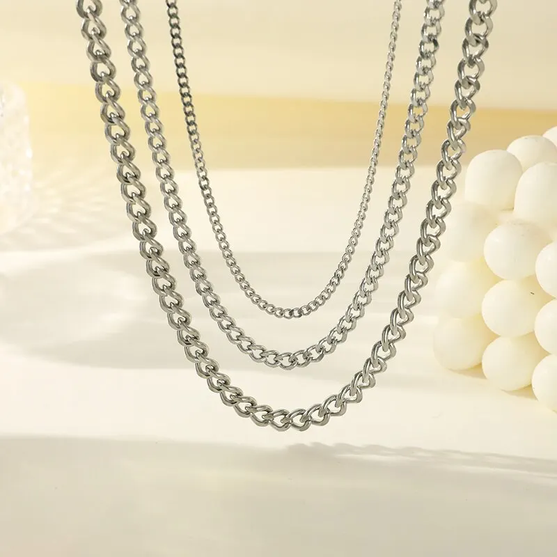 3pcs Necklace Set For Both Men And Women Hip Hop Style Stainless Steel Six Sided Grinding Cuban Chain Minimalist Jewelry