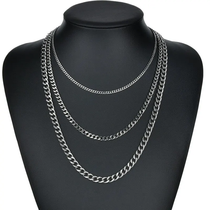 3pcs Necklace Set For Both Men And Women Hip Hop Style Stainless Steel Six Sided Grinding Cuban Chain Minimalist Jewelry