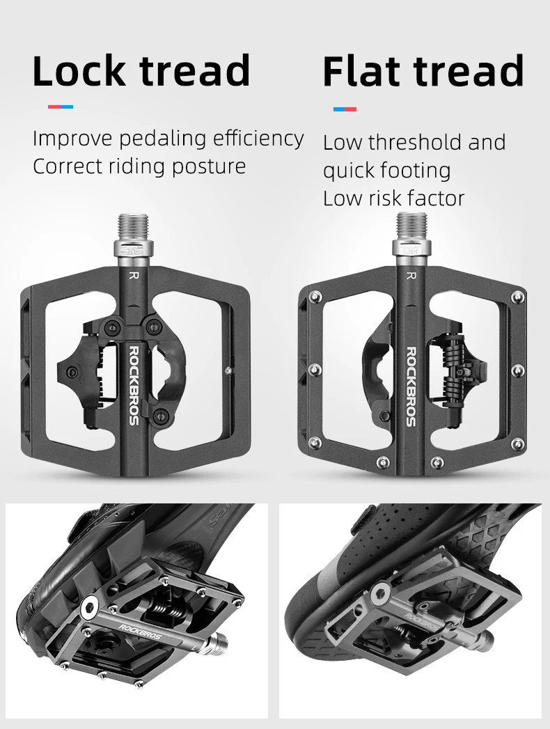 ROCKBROS Bicycle Pedal Non-Slip MTB Bike Pedals Aluminum Alloy Flat Platform Applicable SPD Half-lock Pedal Cycling Accessories