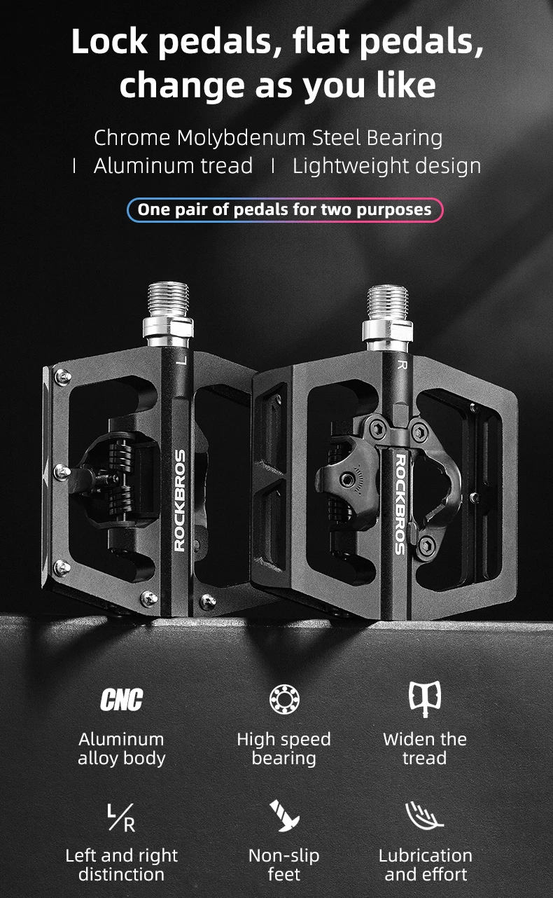 ROCKBROS Bicycle Pedal Non-Slip MTB Bike Pedals Aluminum Alloy Flat Platform Applicable SPD Half-lock Pedal Cycling Accessories