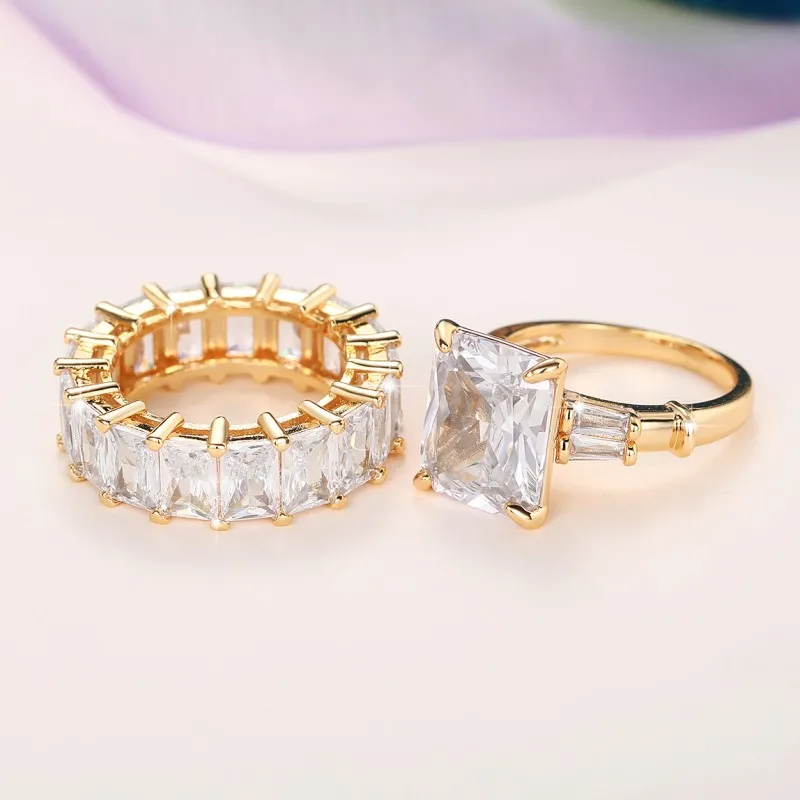 Huitan Luxury Trendy Square Cubic Zirconia Promise Rings for Women 2Pcs Set Silver Color/Gold Color Wedding Rings Hot Jewelry