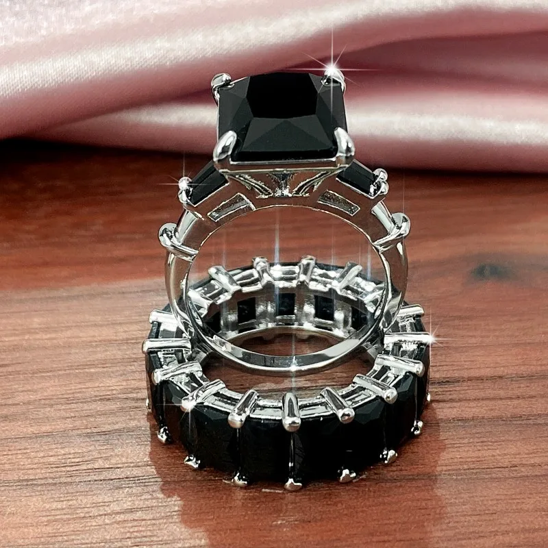 Huitan Luxury Trendy Square Cubic Zirconia Promise Rings for Women 2Pcs Set Silver Color/Gold Color Wedding Rings Hot Jewelry