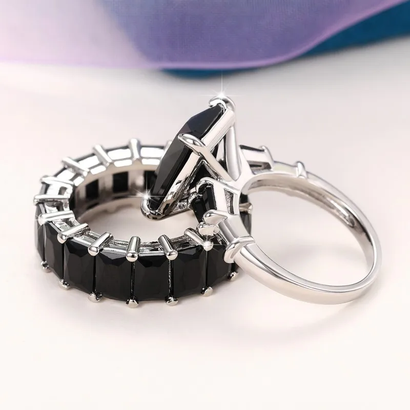 Huitan Luxury Trendy Square Cubic Zirconia Promise Rings for Women 2Pcs Set Silver Color/Gold Color Wedding Rings Hot Jewelry