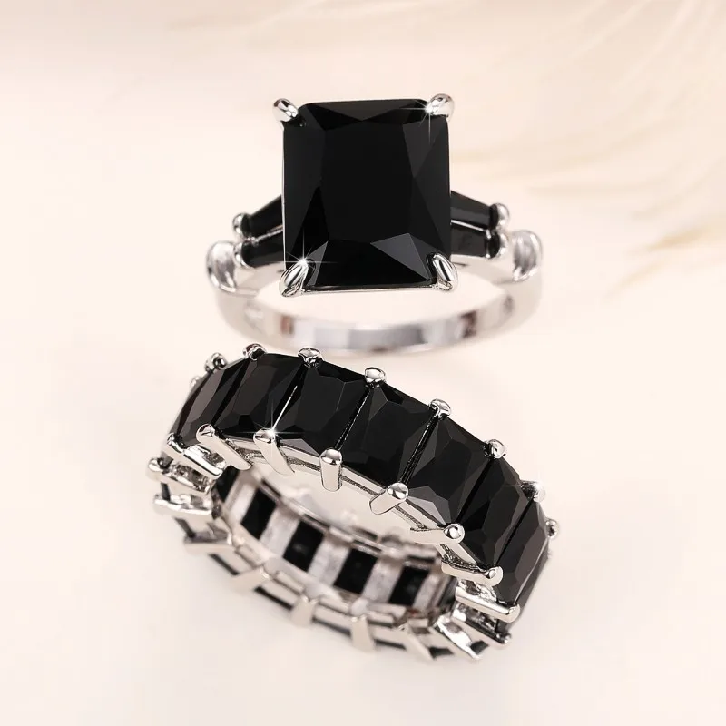 Huitan Luxury Trendy Square Cubic Zirconia Promise Rings for Women 2Pcs Set Silver Color/Gold Color Wedding Rings Hot Jewelry