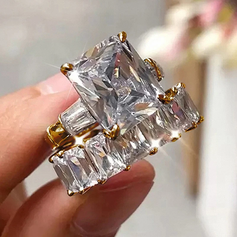 Huitan Luxury Trendy Square Cubic Zirconia Promise Rings for Women 2Pcs Set Silver Color/Gold Color Wedding Rings Hot Jewelry
