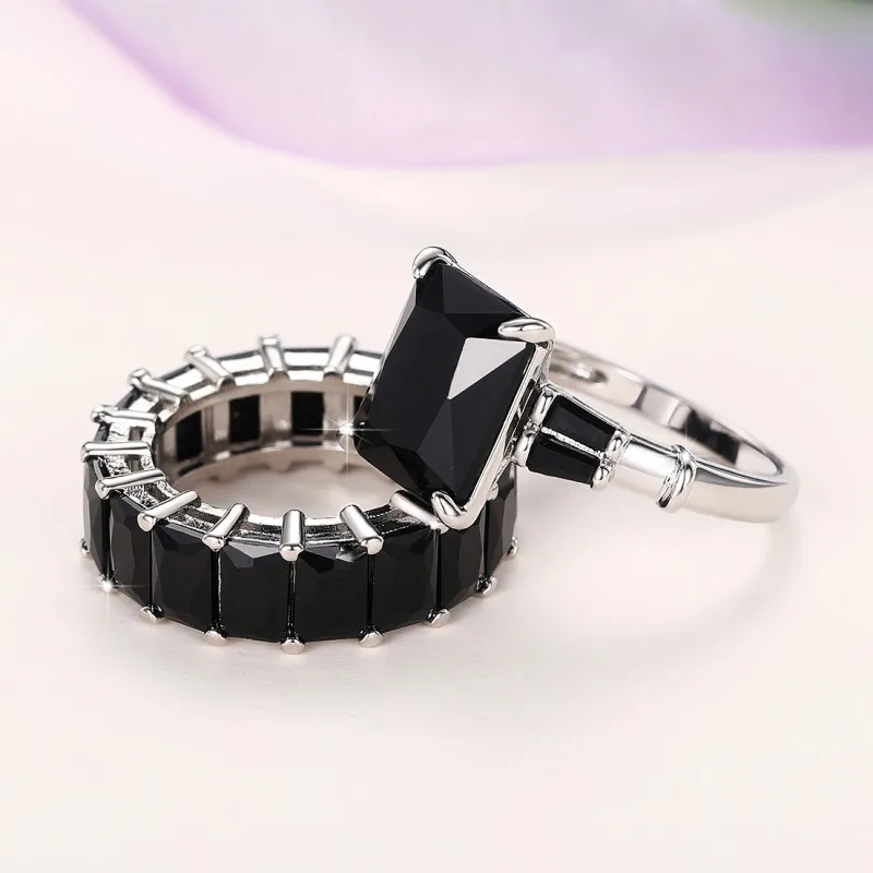 Huitan Luxury Trendy Square Cubic Zirconia Promise Rings for Women 2Pcs Set Silver Color/Gold Color Wedding Rings Hot Jewelry