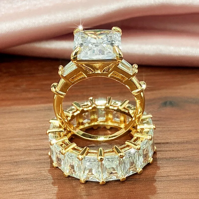 Huitan Luxury Trendy Square Cubic Zirconia Promise Rings for Women 2Pcs Set Silver Color/Gold Color Wedding Rings Hot Jewelry