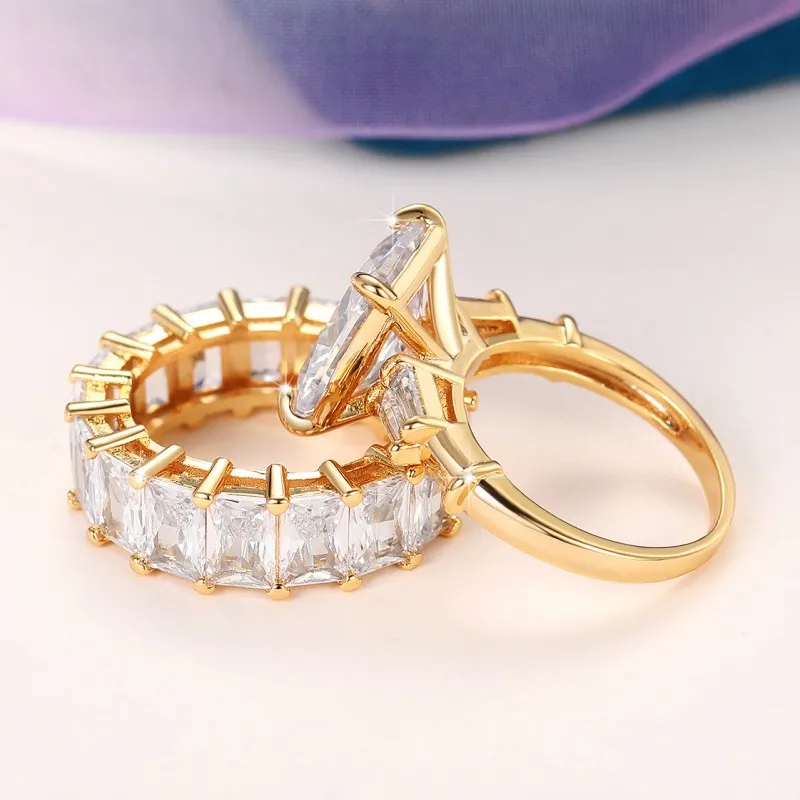 Huitan Luxury Trendy Square Cubic Zirconia Promise Rings for Women 2Pcs Set Silver Color/Gold Color Wedding Rings Hot Jewelry