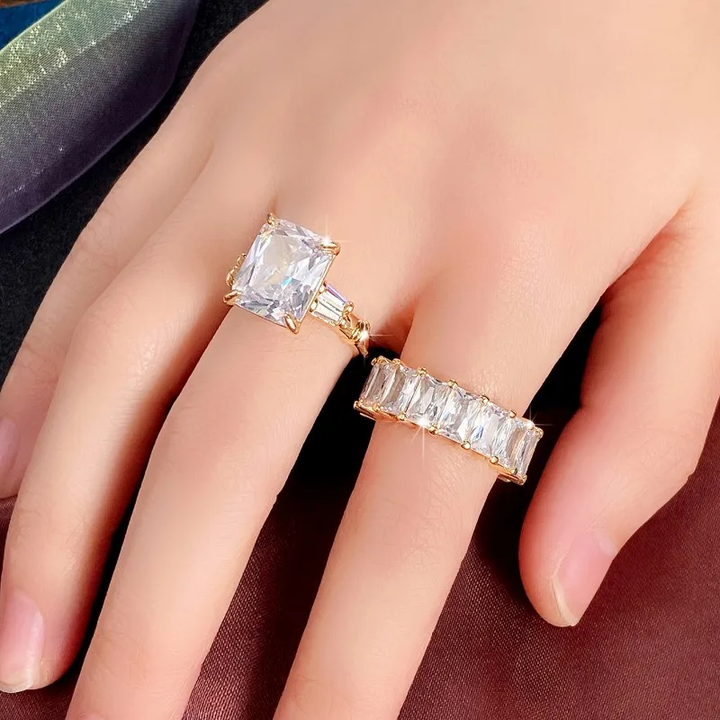Huitan Luxury Trendy Square Cubic Zirconia Promise Rings for Women 2Pcs Set Silver Color/Gold Color Wedding Rings Hot Jewelry