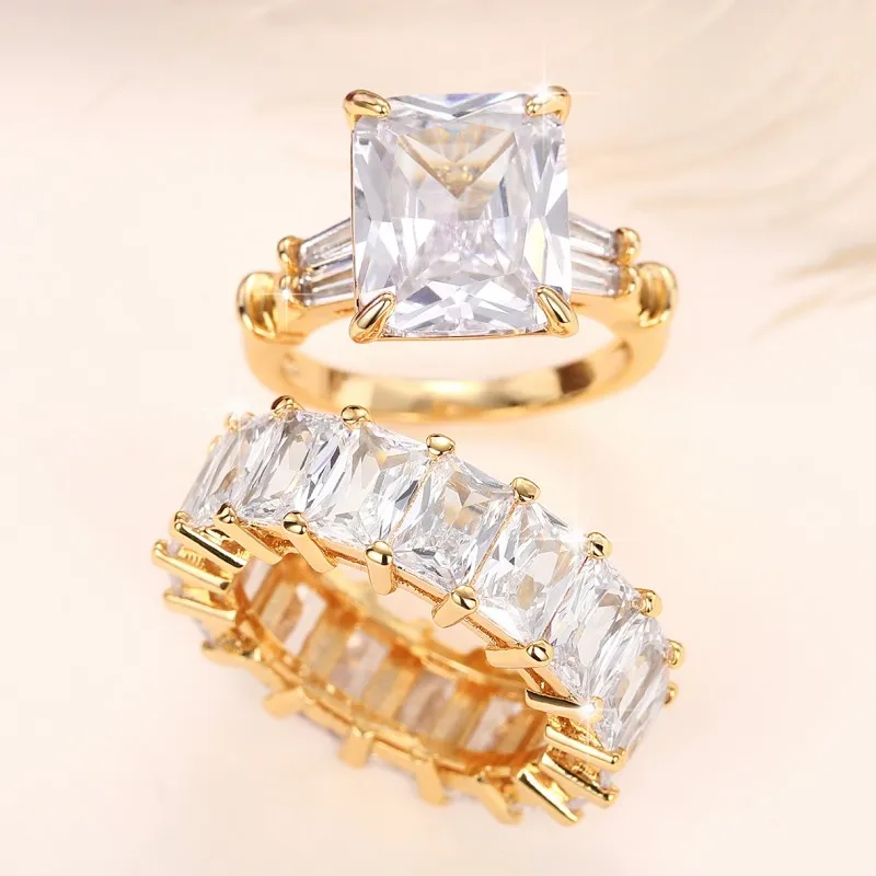 Huitan Luxury Trendy Square Cubic Zirconia Promise Rings for Women 2Pcs Set Silver Color/Gold Color Wedding Rings Hot Jewelry