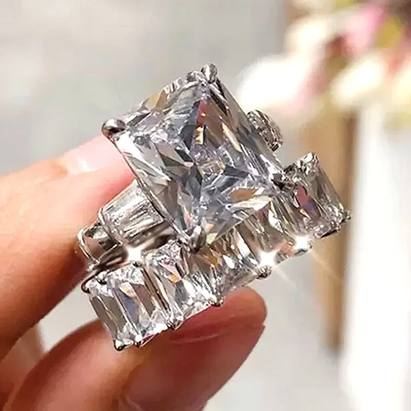 Huitan Luxury Trendy Square Cubic Zirconia Promise Rings for Women 2Pcs Set Silver Color/Gold Color Wedding Rings Hot Jewelry