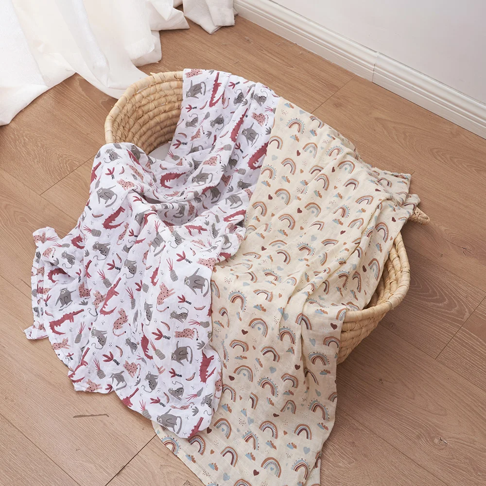 Elinfant Cute Soft Print Baby Towel Wrap 120x110cm Bamboo Cotton Baby Muslin Swaddle Blanket