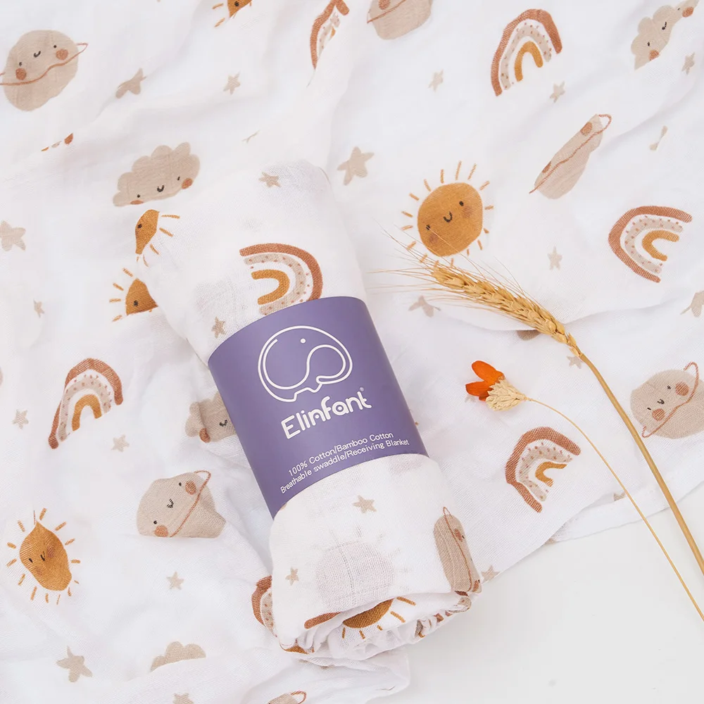 Elinfant Cute Soft Print Baby Towel Wrap 120x110cm Bamboo Cotton Baby Muslin Swaddle Blanket