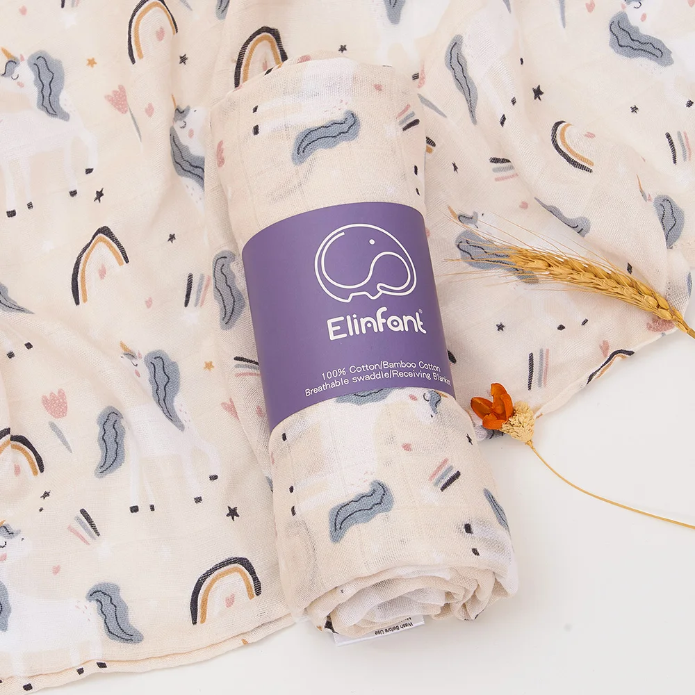 Elinfant Cute Soft Print Baby Towel Wrap 120x110cm Bamboo Cotton Baby Muslin Swaddle Blanket