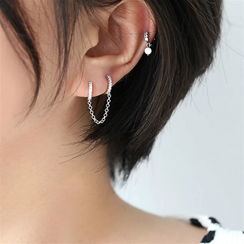 Huitan One PCS Hot Sale Two Hole Piercing Earrings for Women Brilliant Crystal Zircon 3 Metal Color Chain Earring Party Jewelry