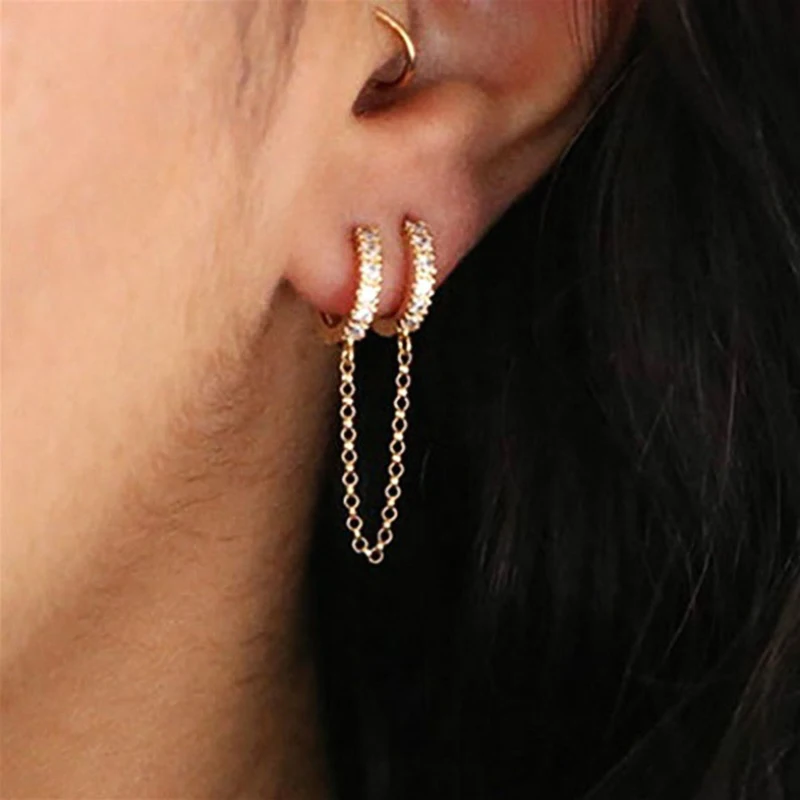 Huitan One PCS Hot Sale Two Hole Piercing Earrings for Women Brilliant Crystal Zircon 3 Metal Color Chain Earring Party Jewelry