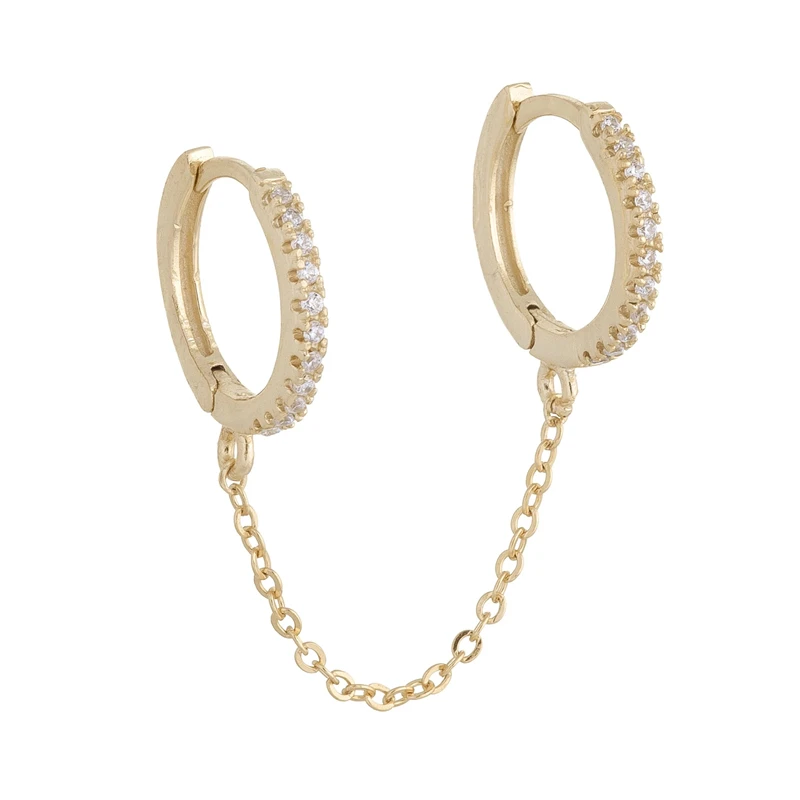 Huitan One PCS Hot Sale Two Hole Piercing Earrings for Women Brilliant Crystal Zircon 3 Metal Color Chain Earring Party Jewelry