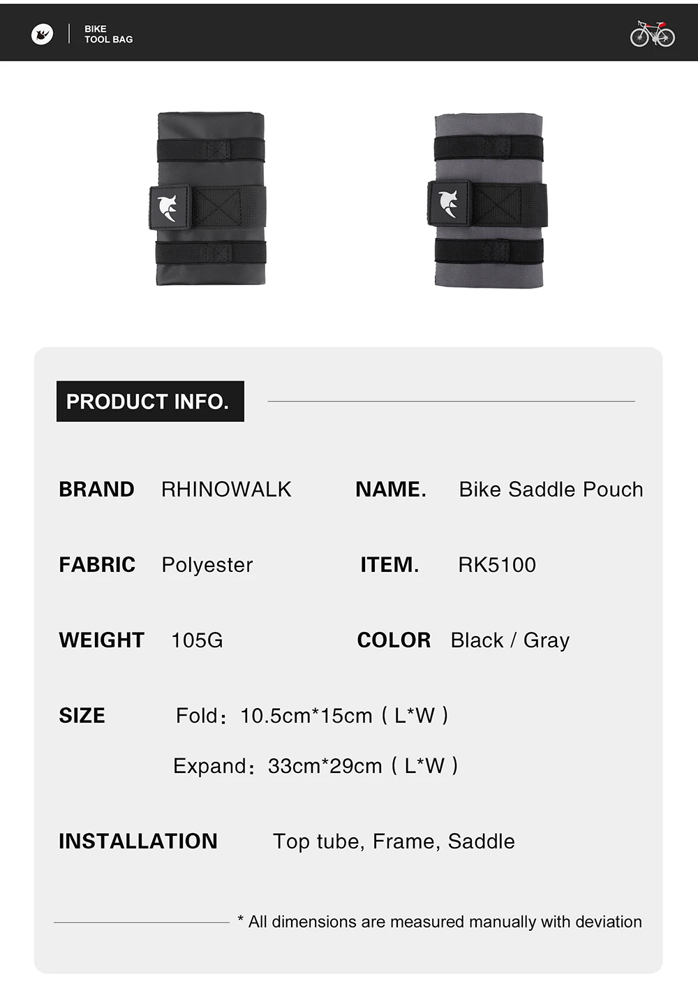 Rhinowalk Bicycle Bag Tool Bag Top Front Tube Frame Bag Burrito Pack Pouch Cycling Accessories Black MTB Bike Rear Tool Kits
