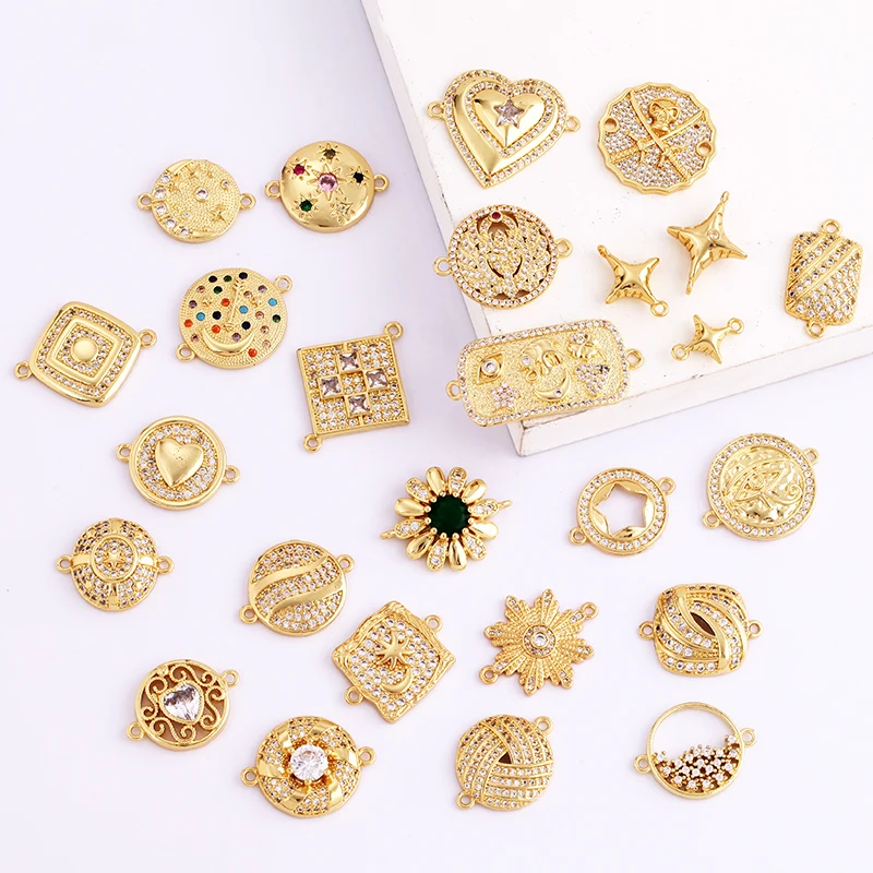 Trendy Star Moon Love Heart Flower Connector,18K Gold Plated CZ Charm Jewelry Findings Bracelet Necklace Accessories Supply M55