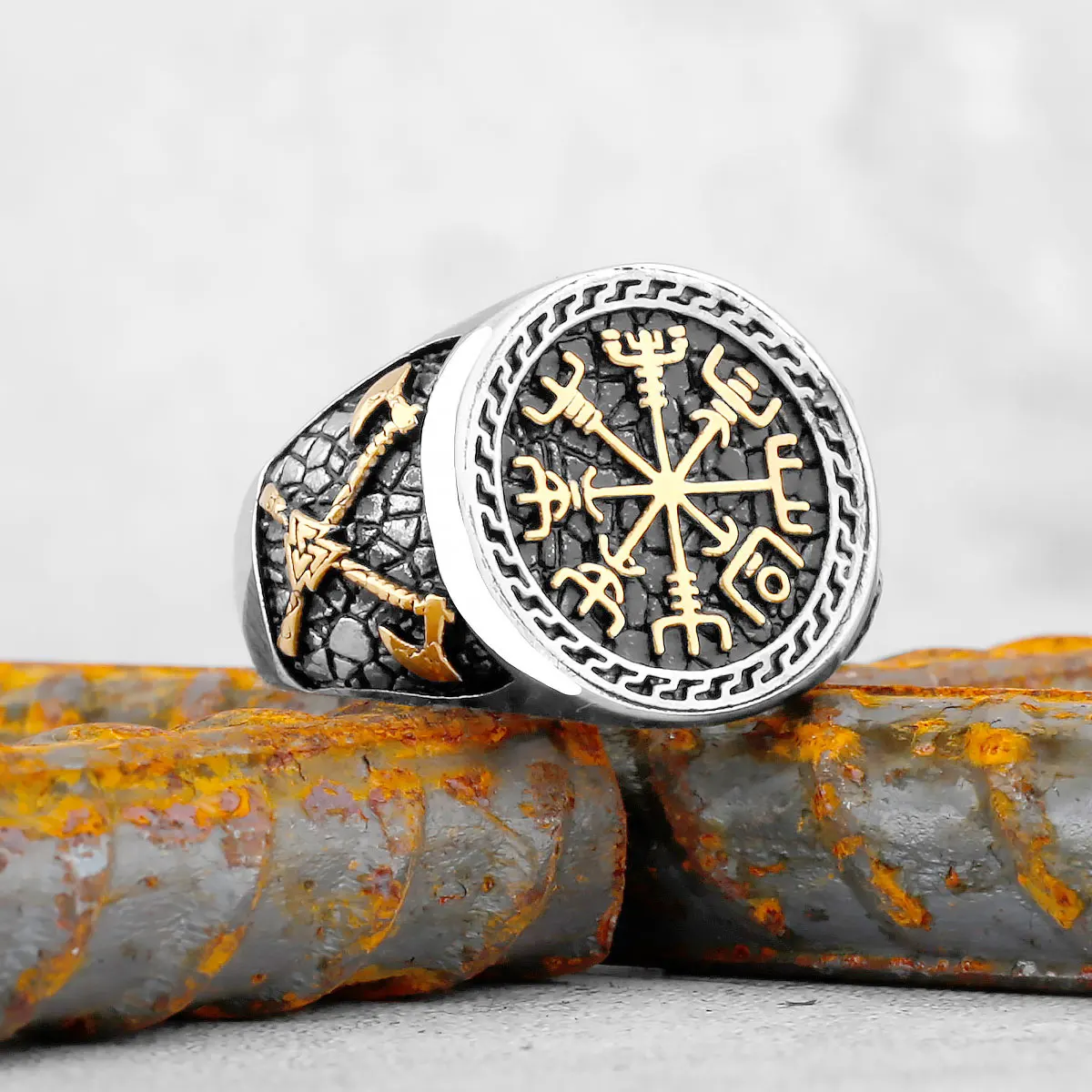 Vintage Viking Stainless Steel Compass Ring Men's Viking Valknut Axe Ring Punk Odin Rune Gold Color Ring Jewelry Gift Wholesale