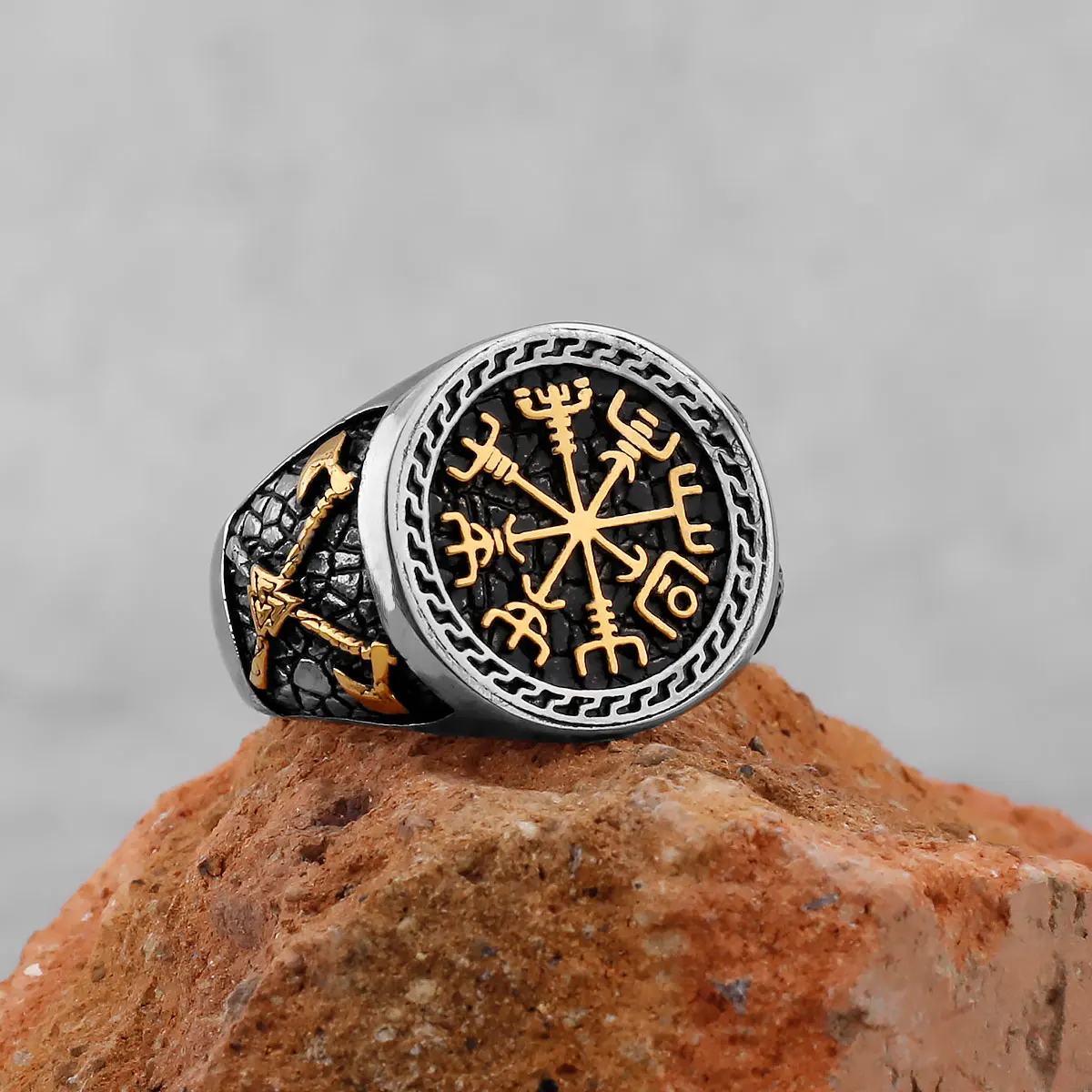 Vintage Viking Stainless Steel Compass Ring Men's Viking Valknut Axe Ring Punk Odin Rune Gold Color Ring Jewelry Gift Wholesale