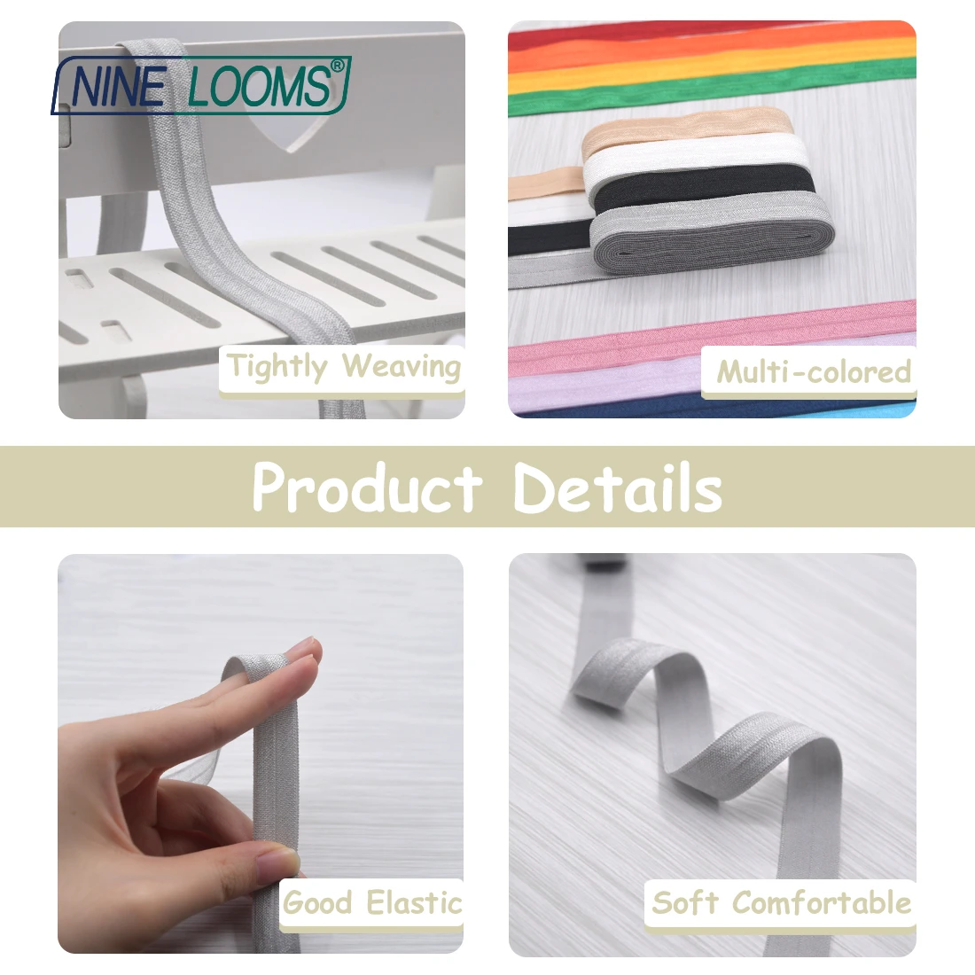 NINE LOOMS Plain Shiny Fold Over Elastics FOE 5/8" 15mm Spandex Band Tape Hair Tie Headband DIY Sewing Trim 50 100 Yard by Spool