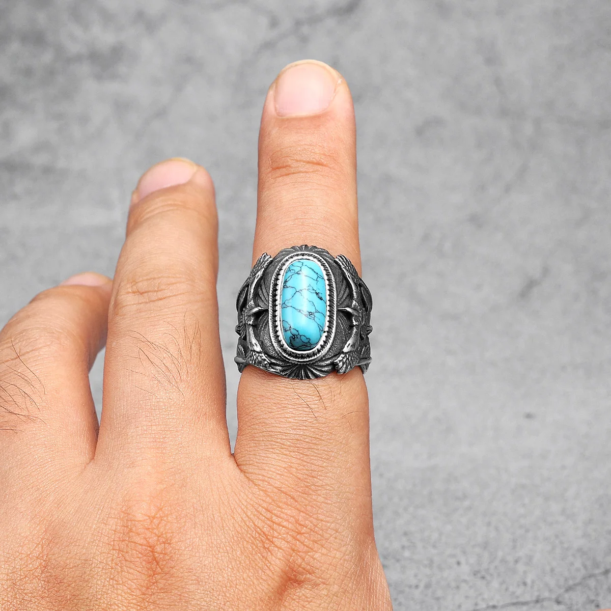316L Stainless Steel Ring Gemstones Trendy Turquoise Men Rings Eagle Rock Punk for Male Boyfriend Jewelry Best Gift Dropshipping
