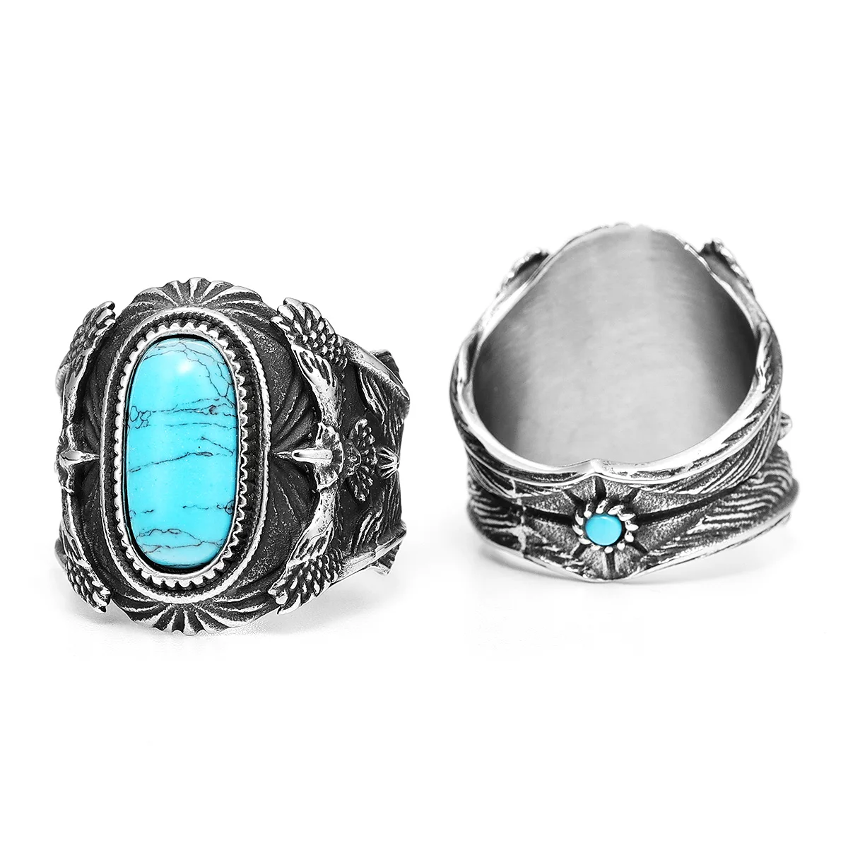 316L Stainless Steel Ring Gemstones Trendy Turquoise Men Rings Eagle Rock Punk for Male Boyfriend Jewelry Best Gift Dropshipping