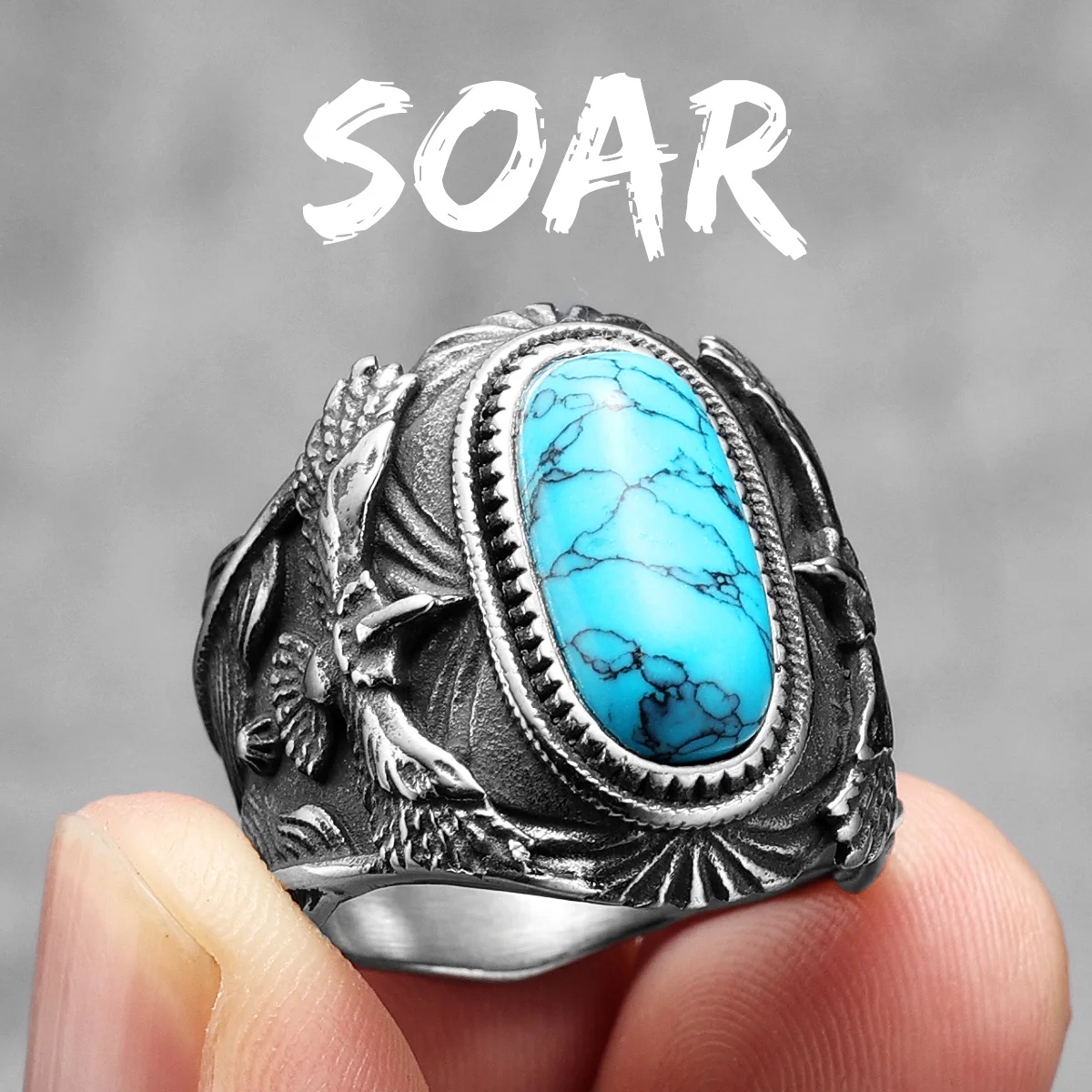 316L Stainless Steel Ring Gemstones Trendy Turquoise Men Rings Eagle Rock Punk for Male Boyfriend Jewelry Best Gift Dropshipping