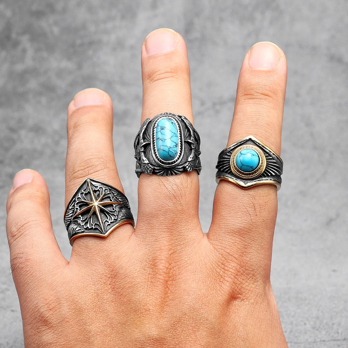 316L Stainless Steel Ring Gemstones Trendy Turquoise Men Rings Eagle Rock Punk for Male Boyfriend Jewelry Best Gift Dropshipping