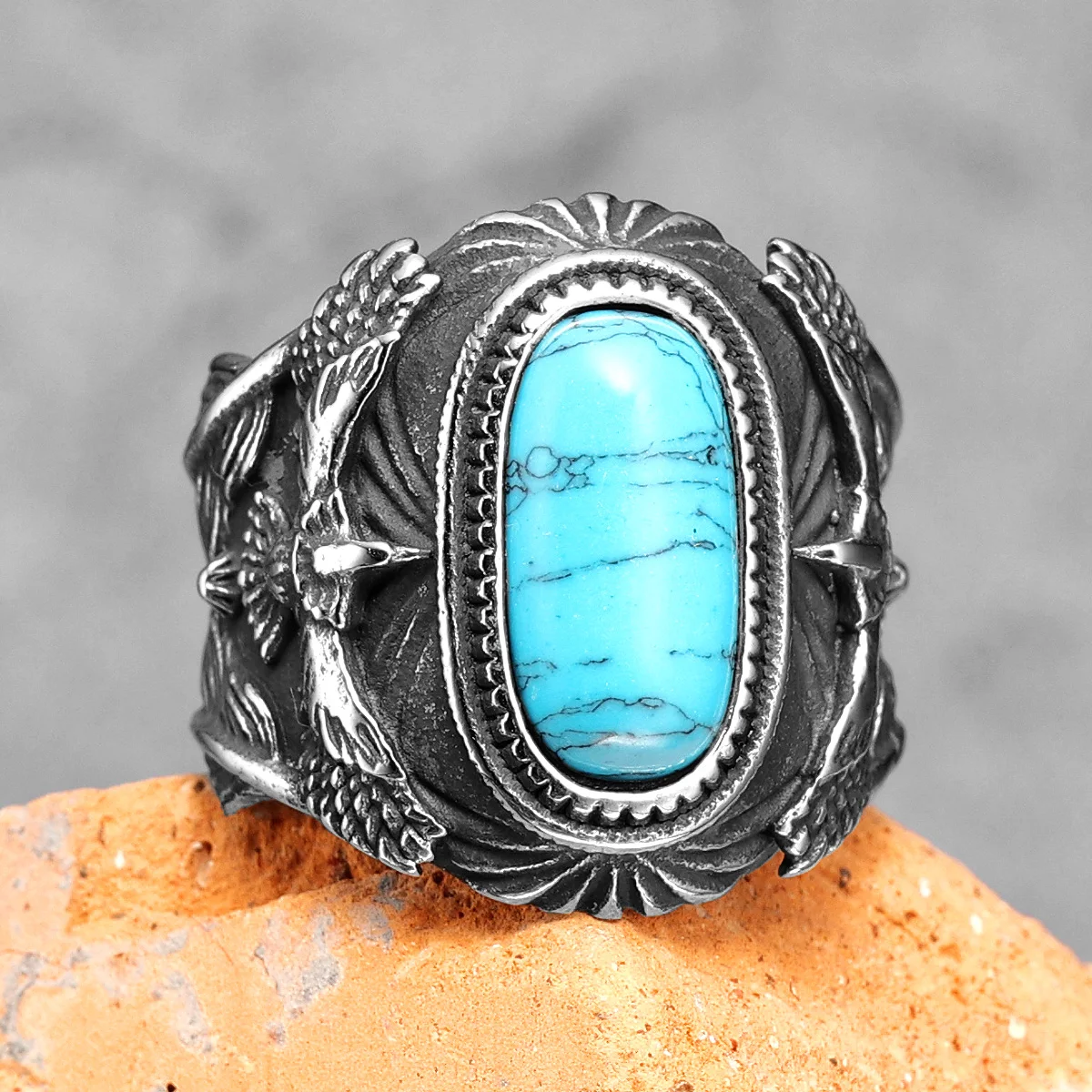 316L Stainless Steel Ring Gemstones Trendy Turquoise Men Rings Eagle Rock Punk for Male Boyfriend Jewelry Best Gift Dropshipping