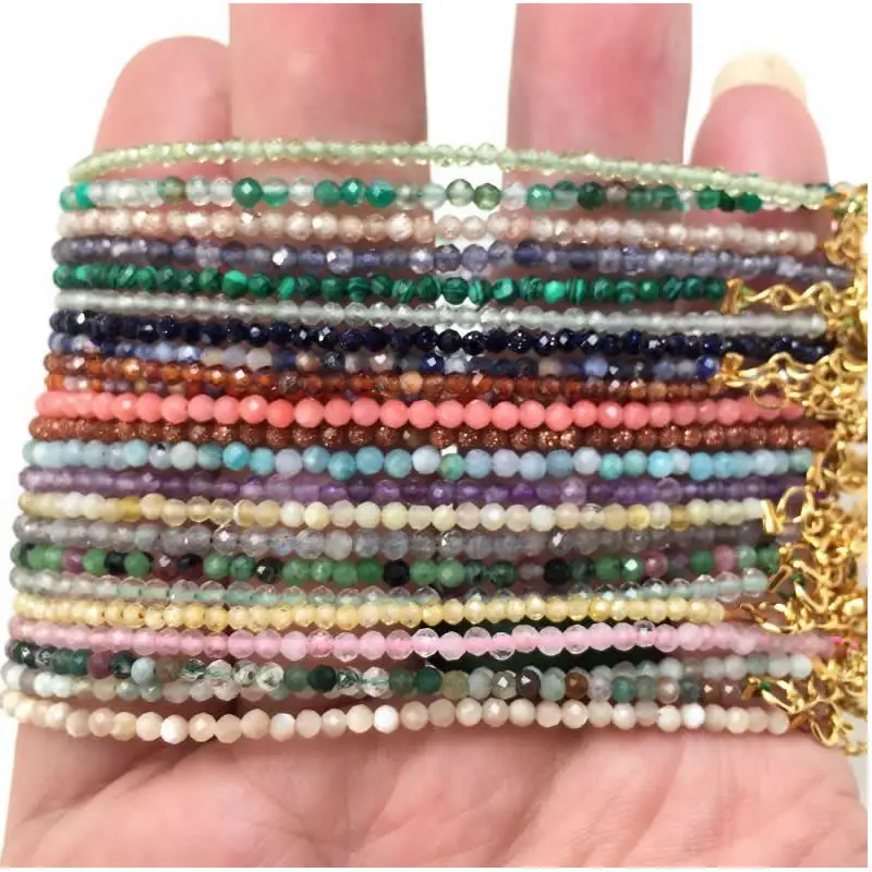 Fashion Faceted Gemstones 2mm Beads Necklace Bracelet Pink Quartz Crystal Tourmaline Agate Choker Men Female Jewelry Party Gift