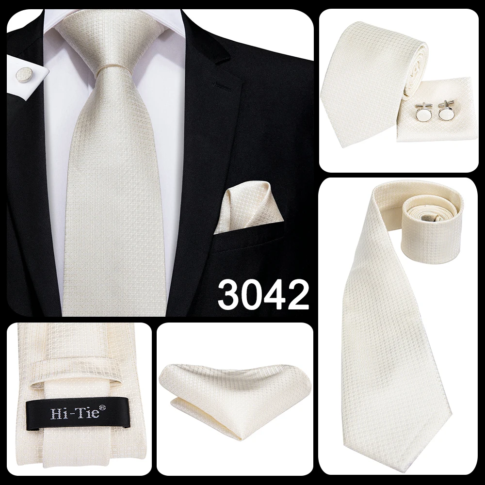 White Sliver Men's Ties Hanky Cufflinks Set Silk Neck ties For Men Wedding Party Business Mens Tie 2022 New Fashion Brand Hi-Tie