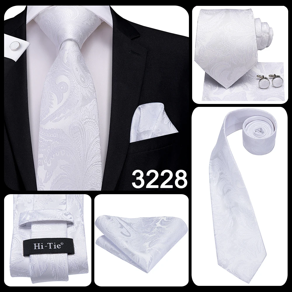 White Sliver Men's Ties Hanky Cufflinks Set Silk Neck ties For Men Wedding Party Business Mens Tie 2022 New Fashion Brand Hi-Tie