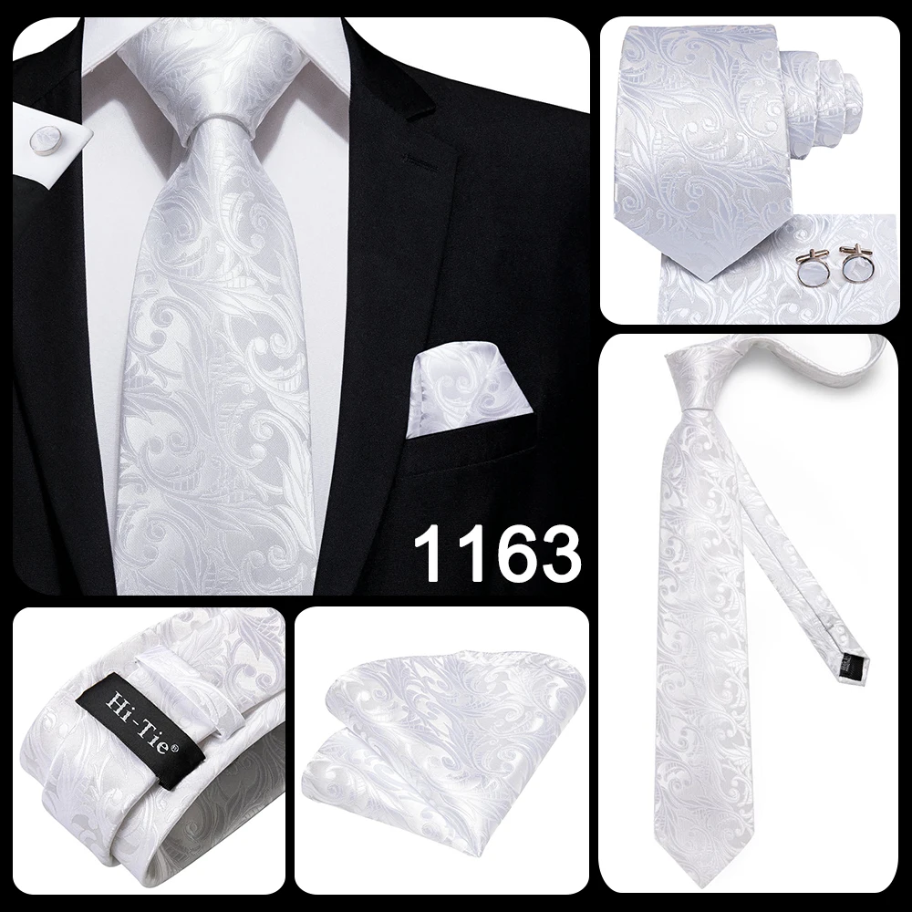 White Sliver Men's Ties Hanky Cufflinks Set Silk Neck ties For Men Wedding Party Business Mens Tie 2022 New Fashion Brand Hi-Tie